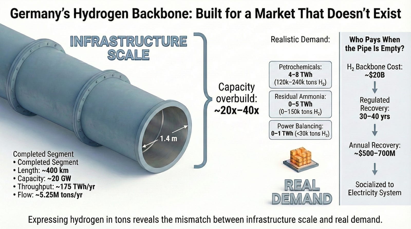 Google Gemini generated this infographic illustrating the stark mismatch between the massive scale of Germany's planned hydrogen infrastructure and current realistic demand.