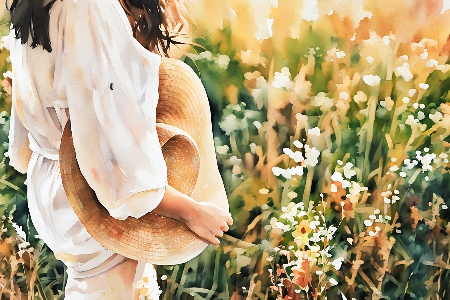 woman walking confidently forward through an open field with a hat tucked under her arm