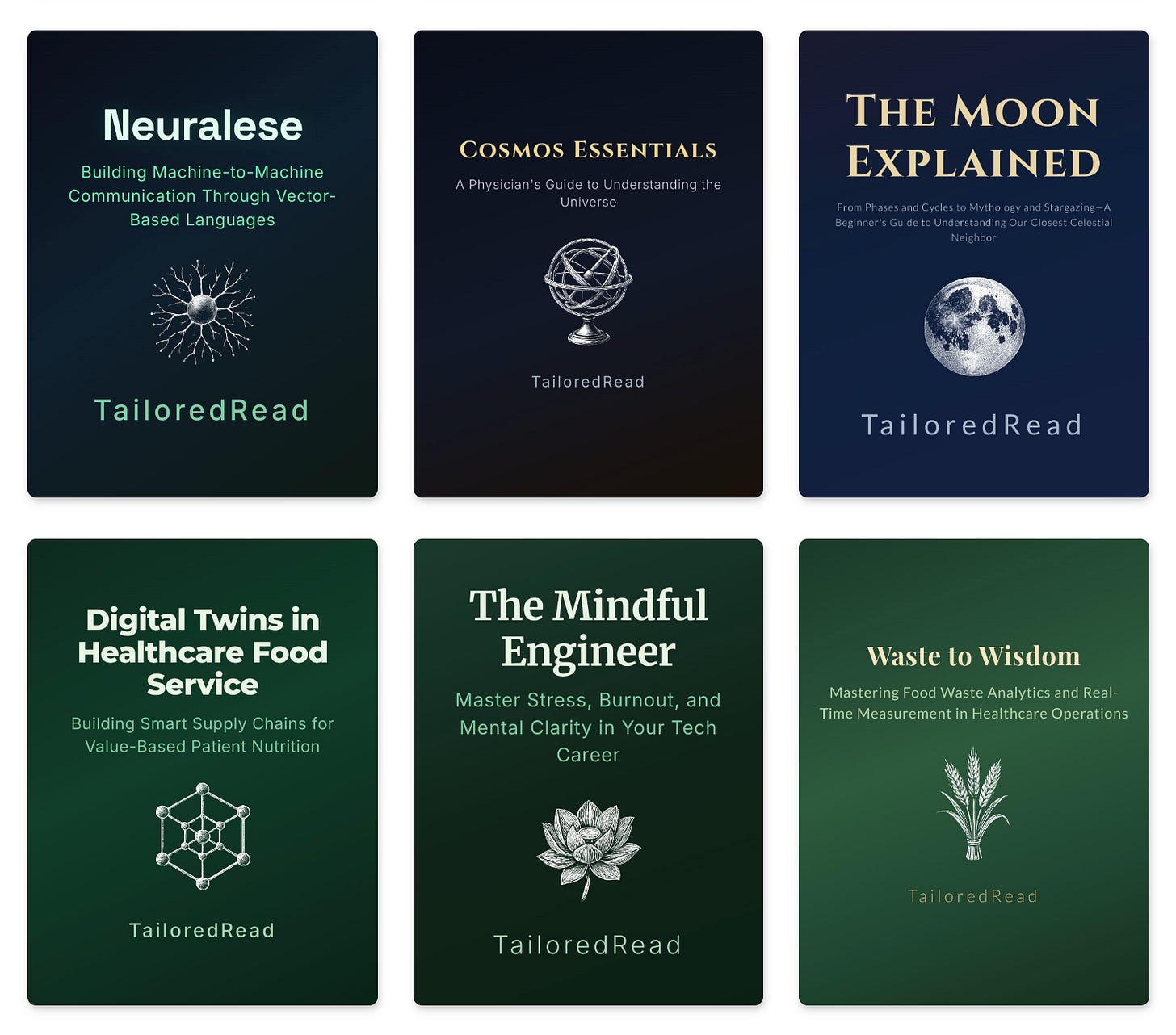 Six TailoredRead book covers drawn by gpt-image-1-mini, each with an engraving-style illustration such as a neural network, an armillary sphere, the moon and a lotus.