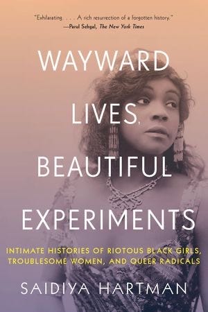 Pictured is an African American woman with a large necklace and chandelier earrings in black and white with large white text overlayed “Wayward Lives, Beautiful Experiments.” She is looking off to the right, and there is an additional lavender to peach ombre layer across the full page.