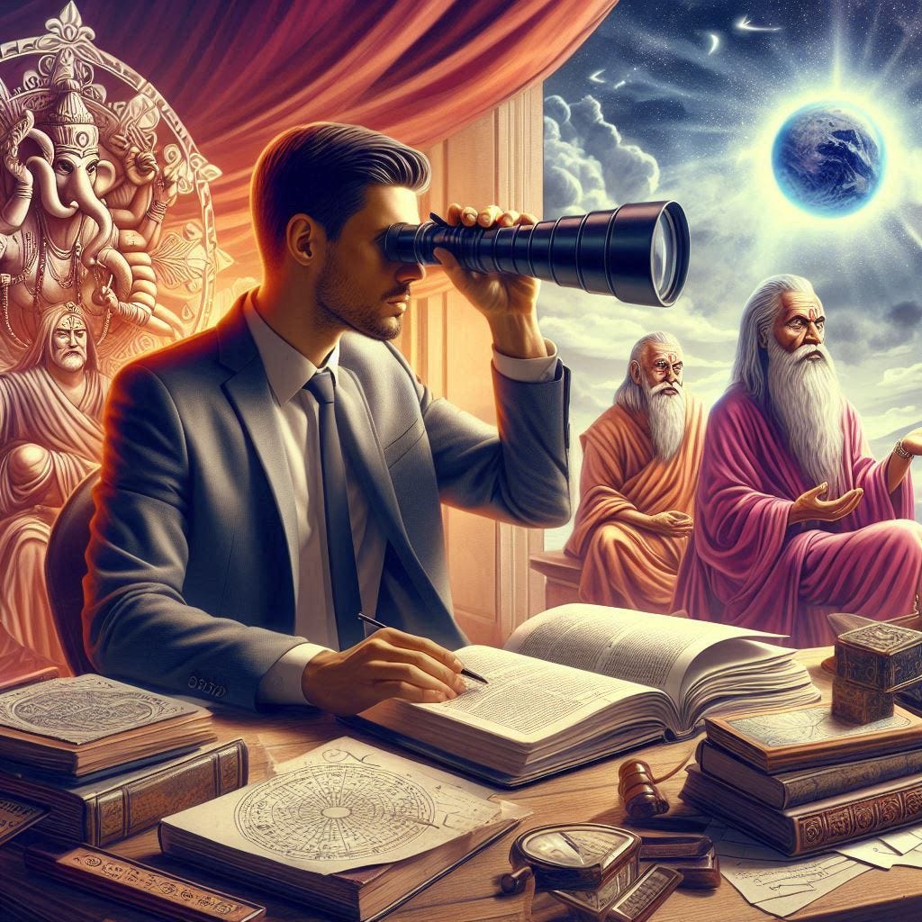 A modern professional in a suit uses a telescope while surrounded by ancient Rishis, astrology charts, and Lord Ganesha—symbolizing astrology for career growth through Vedic remedies and planetary guidance.