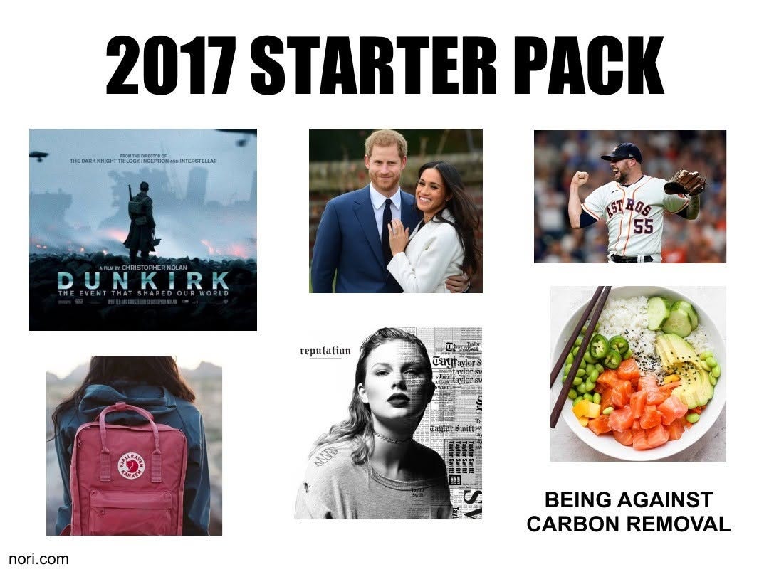 "2017 starter pack": the Dunkirk poster, a royal couple, a baseball pitcher, a red Fjällräven backpack, Taylor Swift's Reputation cover, a poke bowl, and the words "being against carbon removal".