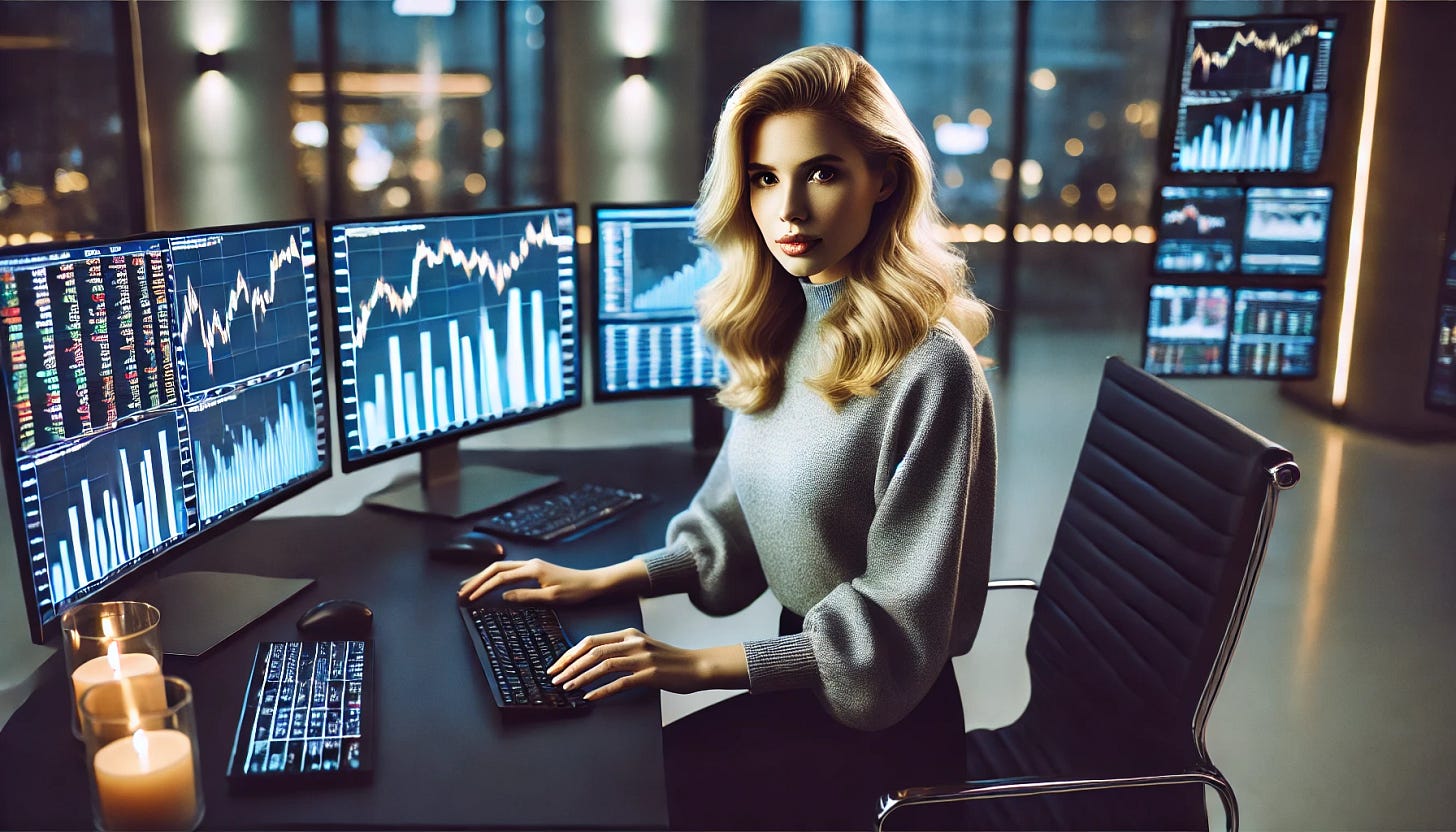 A beautiful blonde woman actively trading stocks on multiple monitors. She is wearing a fitted sweater that covers her shoulders, giving a polished yet casual appearance. She is seated at a sleek, modern desk with a confident and focused expression. The monitors display financial charts, stock market data, and trading platforms. The background suggests a high-end home office or trading setup with ambient lighting. The atmosphere is professional yet stylish.