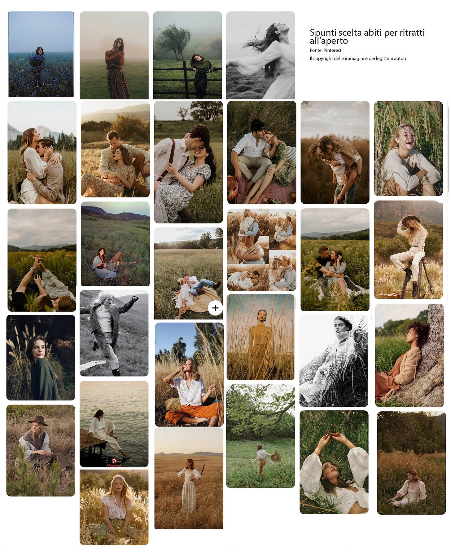 selezione di immagini rappresentative di idee di abiti da indossare per una sessione fotografica all'aperto