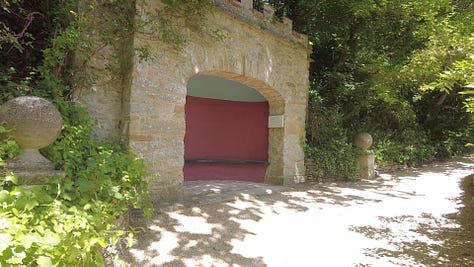 Three photos. Pope's Seat, Raleigh's Seat and a sign telling visitors about Raleigh's Seat. Sherborne Castle and Gardens, Dorset. Images: Roland's Travels