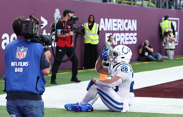 Jonathan Taylor of the Indianapolis Colts celebrates a touchdown during the NFL match between Indianapolis Colts and Washington Commanders as part of... Jonathan Taylor of the Indianapolis Colts celebrates a touchdown during the NFL match between Indianapolis Colts and Washington Commanders as part of...
