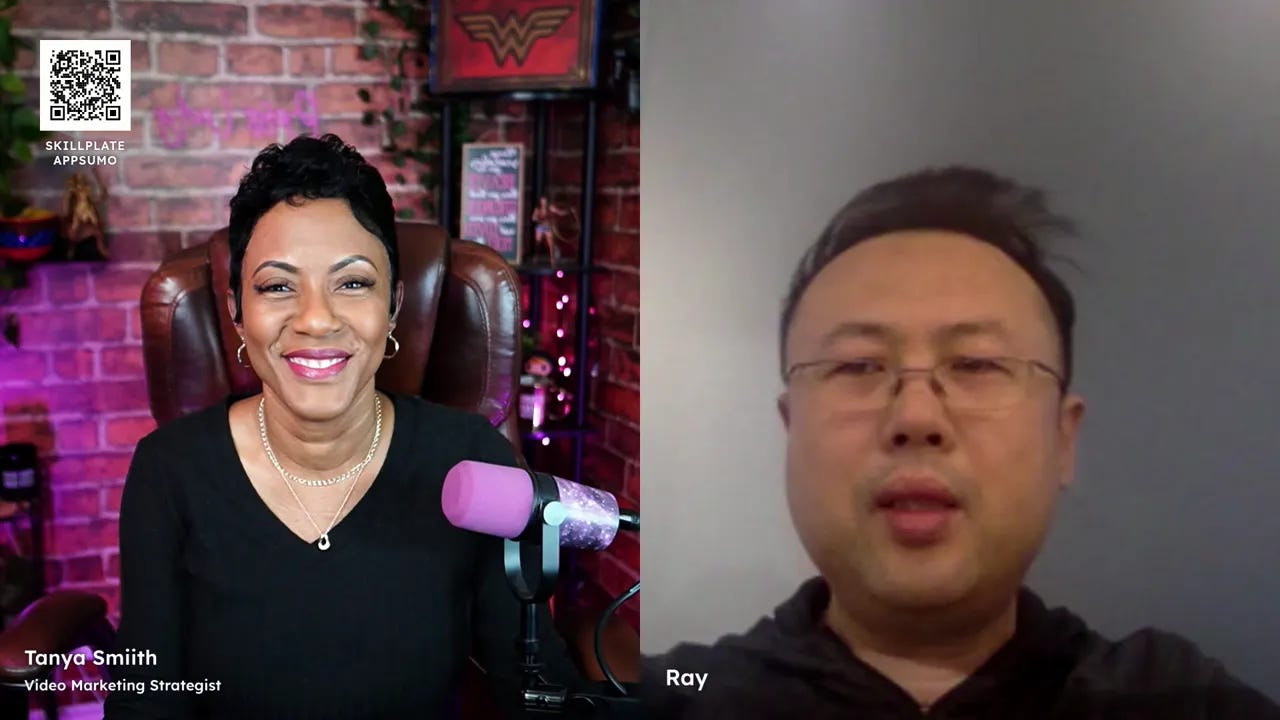 Clear split-screen interview with the host smiling on the left and the founder speaking on the right.