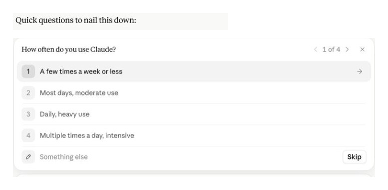 Claude asking a multiple-choice question about how often you use it