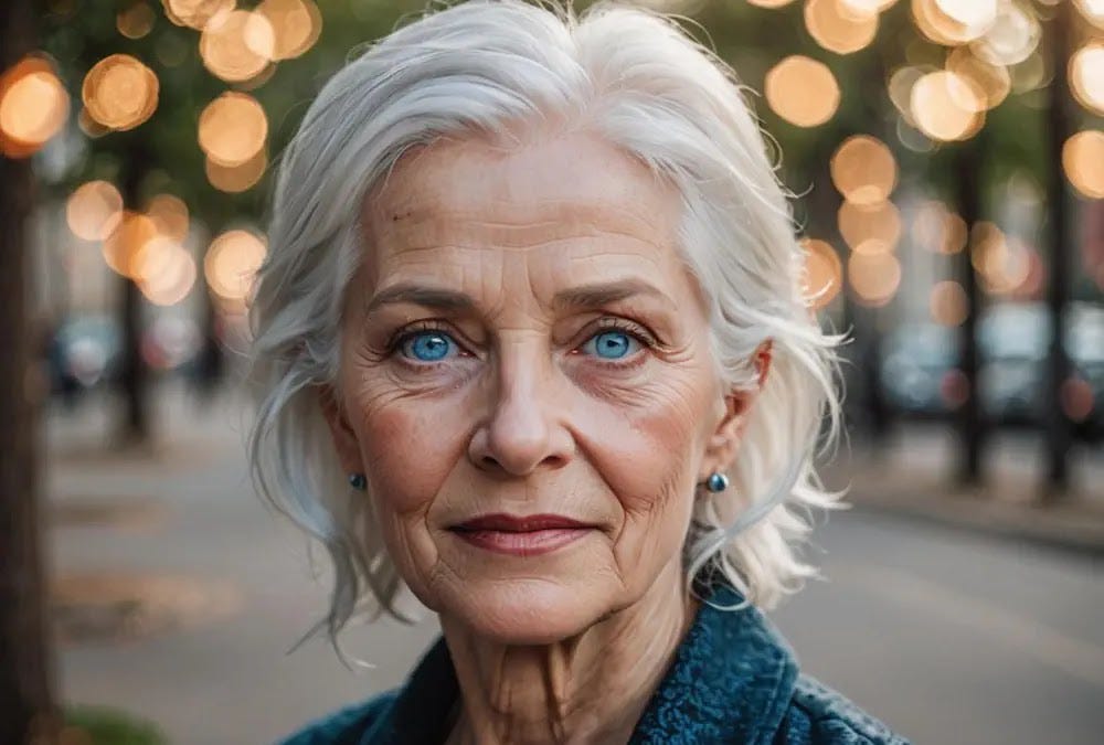 Wisdom and Elegance: The Journey of Graceful Aging A silver-haired older woman with blue eyes that shine with youthful energy.
