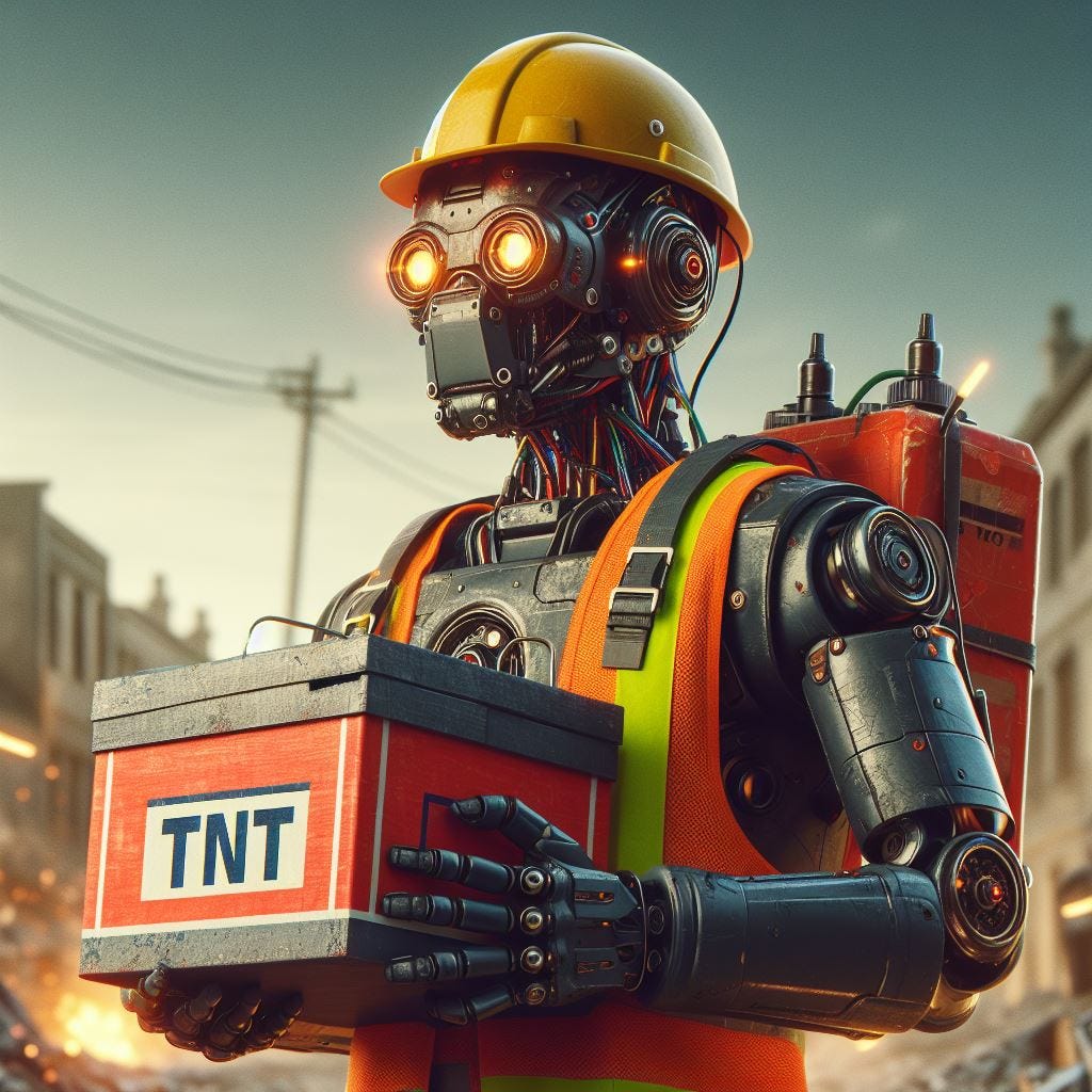 Construction Worker Robot carrying a crate of explosives