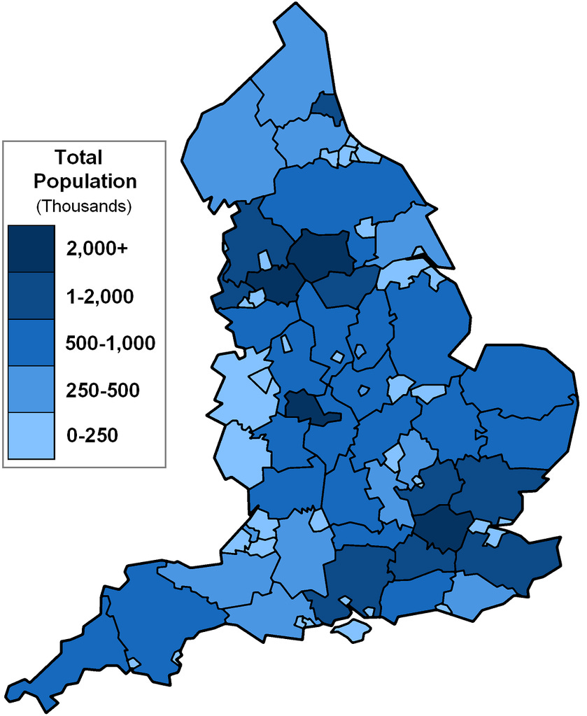 The metropolitan and non-metropolitan counties, colour-coded to show population