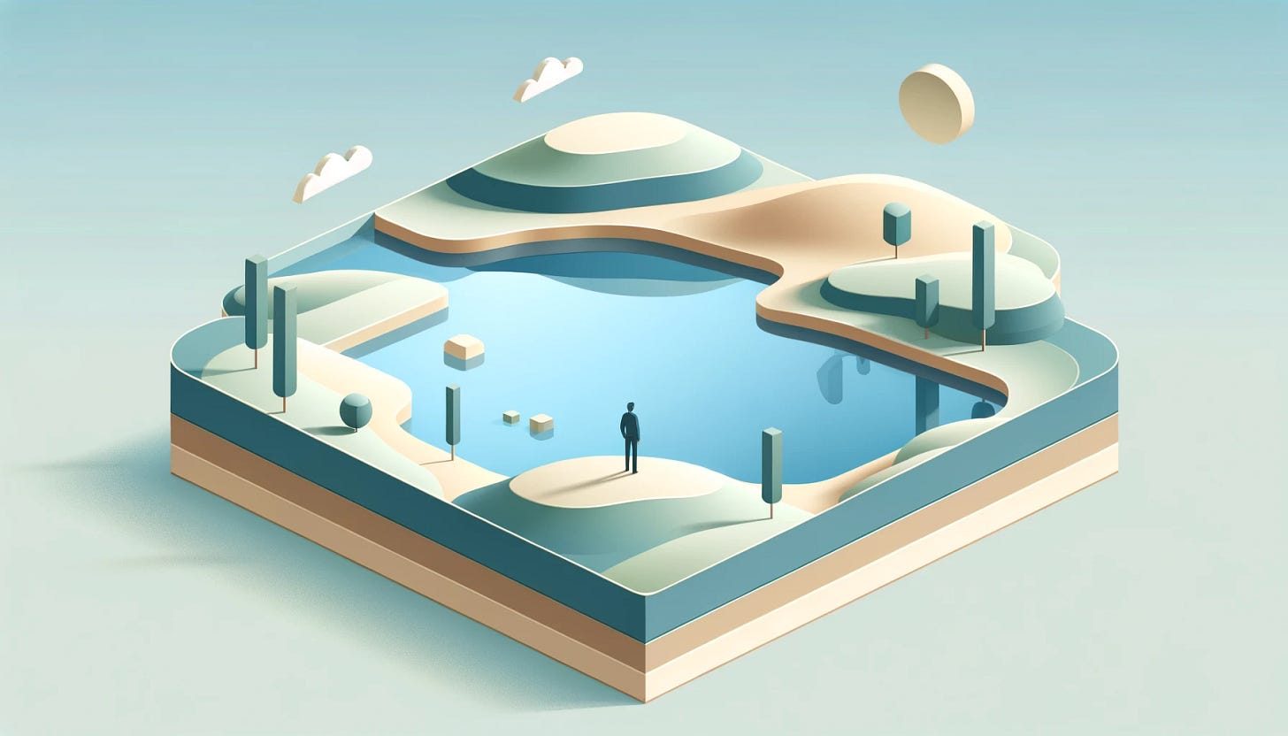 A 3D isometric minimalist illustration of a wide shot featuring a solitary figure standing on the edge of a serene lake, gazing across to the other side. The figure is small, emphasizing the vastness of the lake and surrounding landscape. The lake reflects the sky, and the far shore is adorned with minimalistic trees or rolling hills. The scene has a calming, muted color palette of blues, greens, and soft earth tones, with clean lines and a simple aesthetic. The overall style is peaceful, modern, and minimalist.