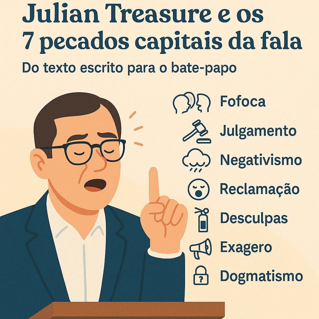 Ilustração digital em estilo infográfico com o título “Julian Treasure: Os 7 Pecados Capitais da Fala”. A imagem apresenta sete ícones representando: fofoca, julgamento, negativismo, reclamação, desculpas, exagero e dogmatismo — cada um associado a um pequeno símbolo visual, como uma nuvem negra para negativismo e um megafone para exagero. O fundo é claro, com traços suaves e fontes limpas para facilitar a leitura.