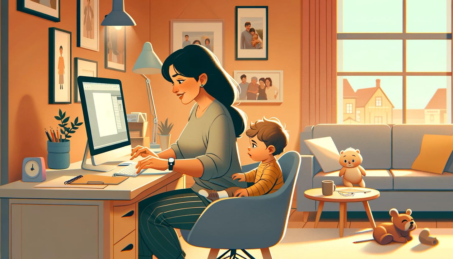 Create a Pixar-style animation image of a woman typing at her computer with a toddler on her lap. The setting is a warm, inviting home office, filled with light and playful decor. The woman, in casual attire, shows a mix of focus and joy as she balances work and caring for her child. The toddler, curious and playful, is looking at the computer screen with interest. The room has a cozy feel, with family photos on the walls, a comfortable chair, and toys scattered around, symbolizing the blend of work and family life.