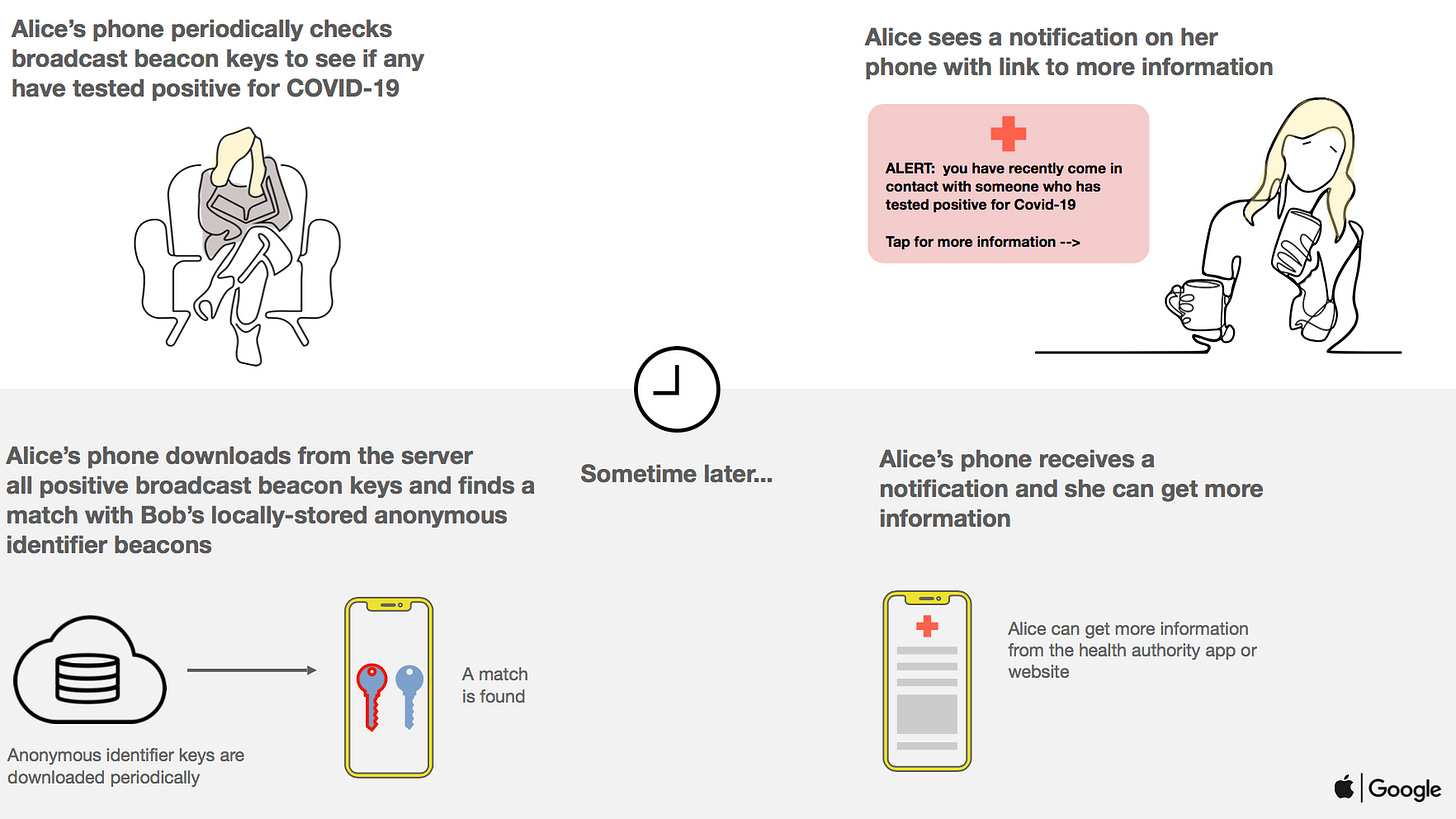 A slide from Apple and Google explaining how their contact tracking works A slide from Apple and Google explaining how their contact tracking works