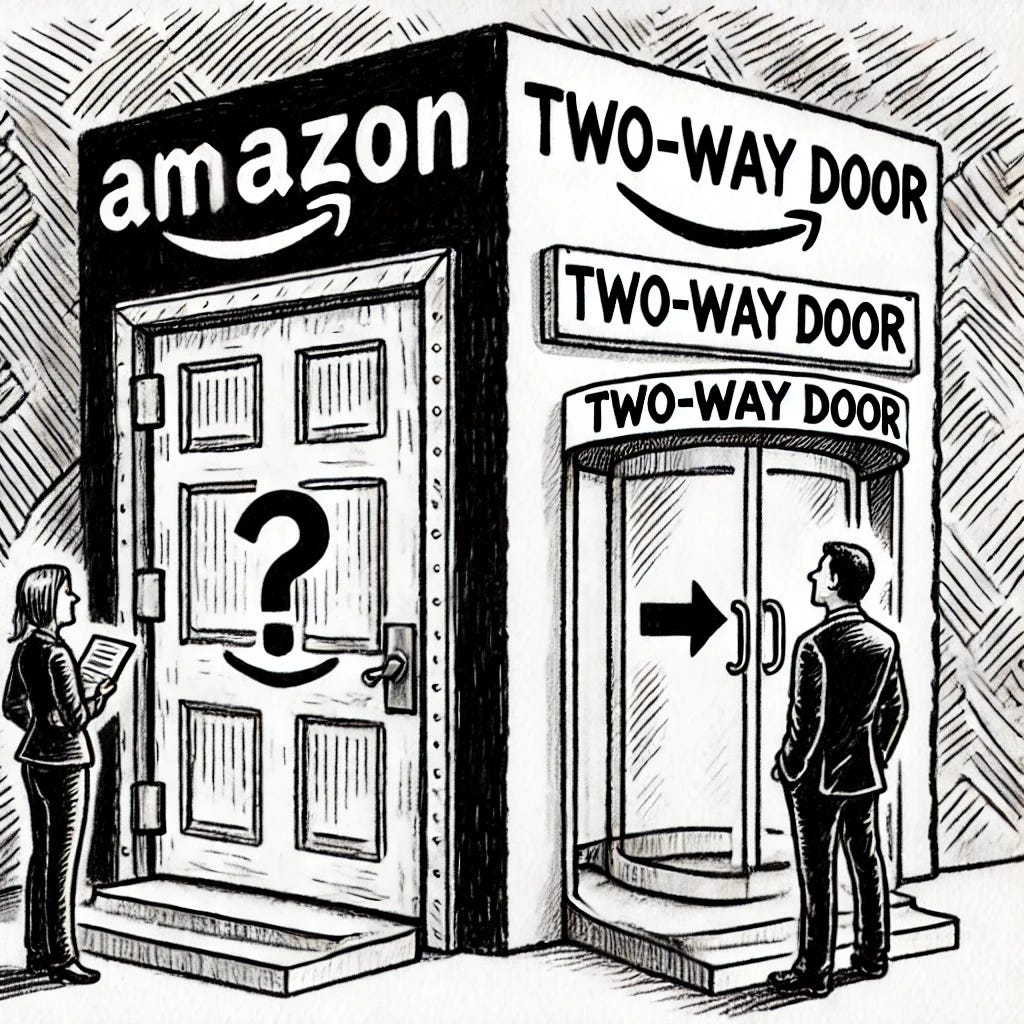 A black and white sketch illustrating Amazon's executive decision-making model using 'one-way door' versus 'two-way door' concepts. On the left, a large, locked door labeled 'One-Way Door' with an executive standing before it, carefully considering the decision, symbolizing an irreversible choice. On the right, a revolving door labeled 'Two-Way Door' with an executive confidently stepping in and out, representing a reversible decision. The sketch should emphasize corporate decision-making, with business attire and a simple, hand-drawn style.