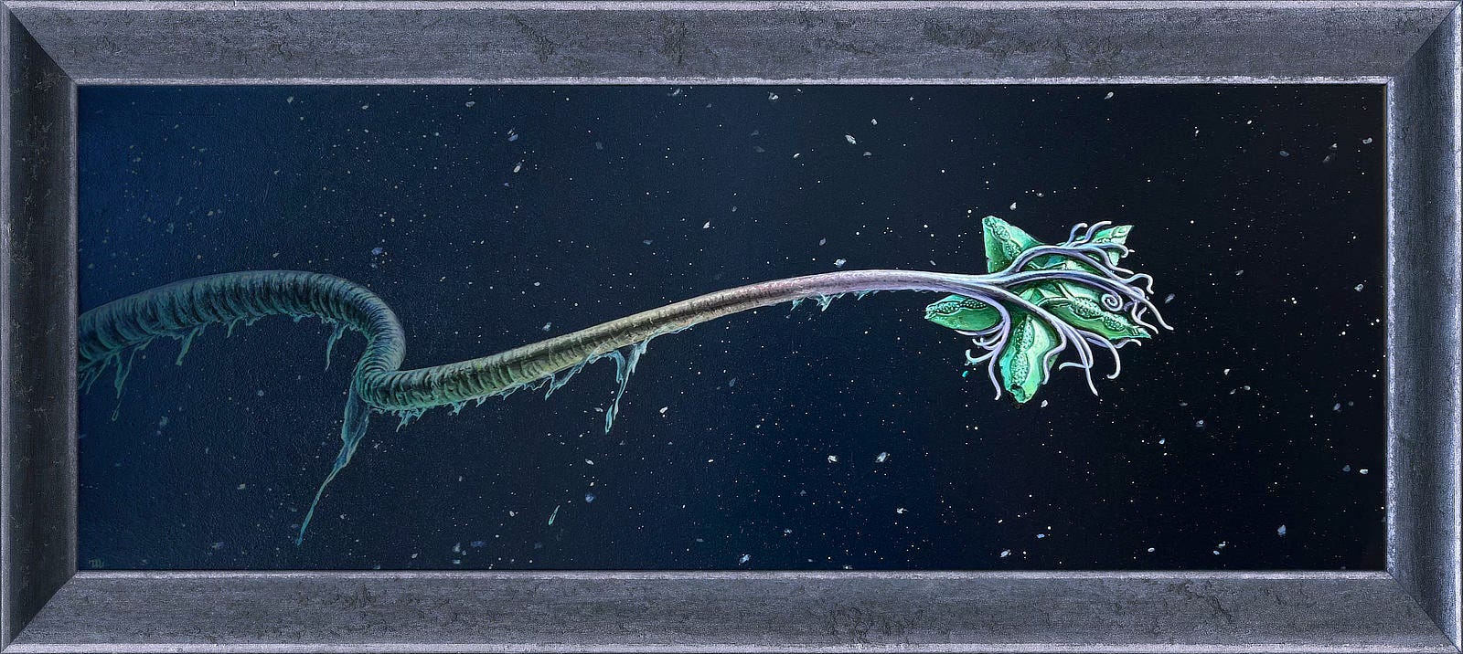 CHILLING GRASP (2024), Framed preliminary concept for AT THE MOUNTAINS OF MADNESS. Against a wide background of snow flurries falling in the night sky, a tentacle reaching out to grasp a green 5-pointed soapstone star. Icicles form along its length until it divides into smaller tendrils that slither down the channels between each point of the star. The stone tips are chipped to varying degrees and each leg of the star is etched with tapering channels filled with tiny dots. Partially obscured at the center is another star within the larger star. CHILLING GRASP (2024), Framed preliminary concept for AT THE MOUNTAINS OF MADNESS. Against a wide background of snow flurries falling in the night sky, a tentacle reaching out to grasp a green 5-pointed soapstone star. Icicles form along its length until it divides into smaller tendrils that slither down the channels between each point of the star. The stone tips are chipped to varying degrees and each leg of the star is etched with tapering channels filled with tiny dots. Partially obscured at the center is another star within the larger star.