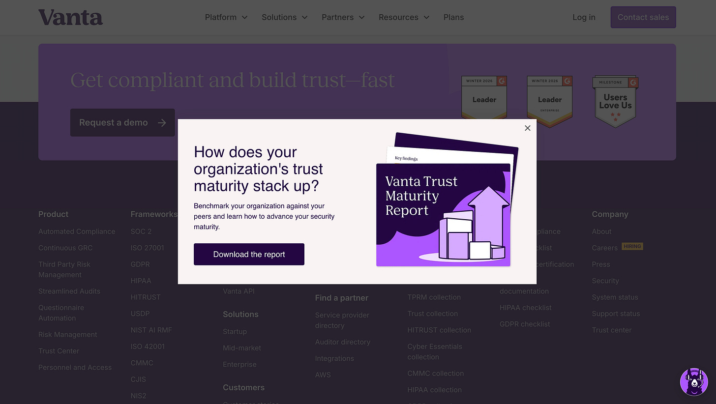 Pop up modal for the Vanta Trust Maturity Report. Pop up modal for the Vanta Trust Maturity Report.