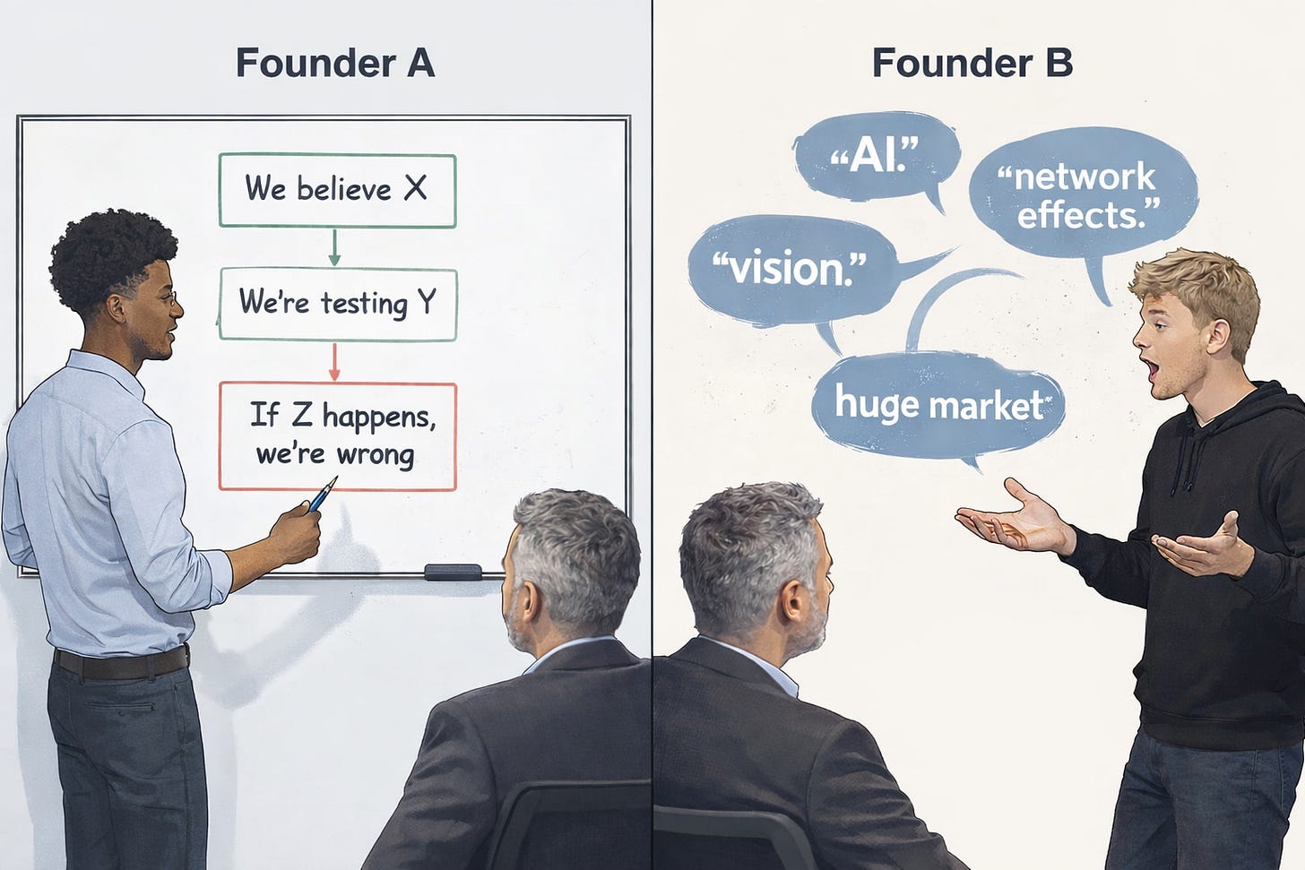 Comparison of startup founders showing clear hypothesis versus vague buzzwords to investors Comparison of startup founders showing clear hypothesis versus vague buzzwords to investors