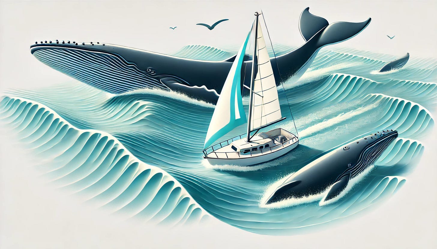 A clean, illustrative style image depicting a small, agile sailboat swiftly maneuvering through calm ocean waves around large, slow-moving whales. The small sailboat is brightly colored and energetic, highlighting agility and ease, while the whales are dark, massive, and appear slow and cumbersome. The ocean has subtle wave patterns to emphasize smooth navigation and ease. Bright daylight setting conveying optimism and clarity.