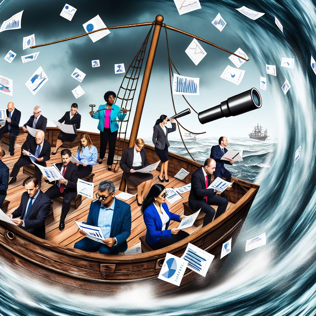 a crew of CFOs on a old-school swashbuckling ship getting swept into a whirlpool as they are crunching quarterly numbers. one of them has a monoscope trying to find a way out.