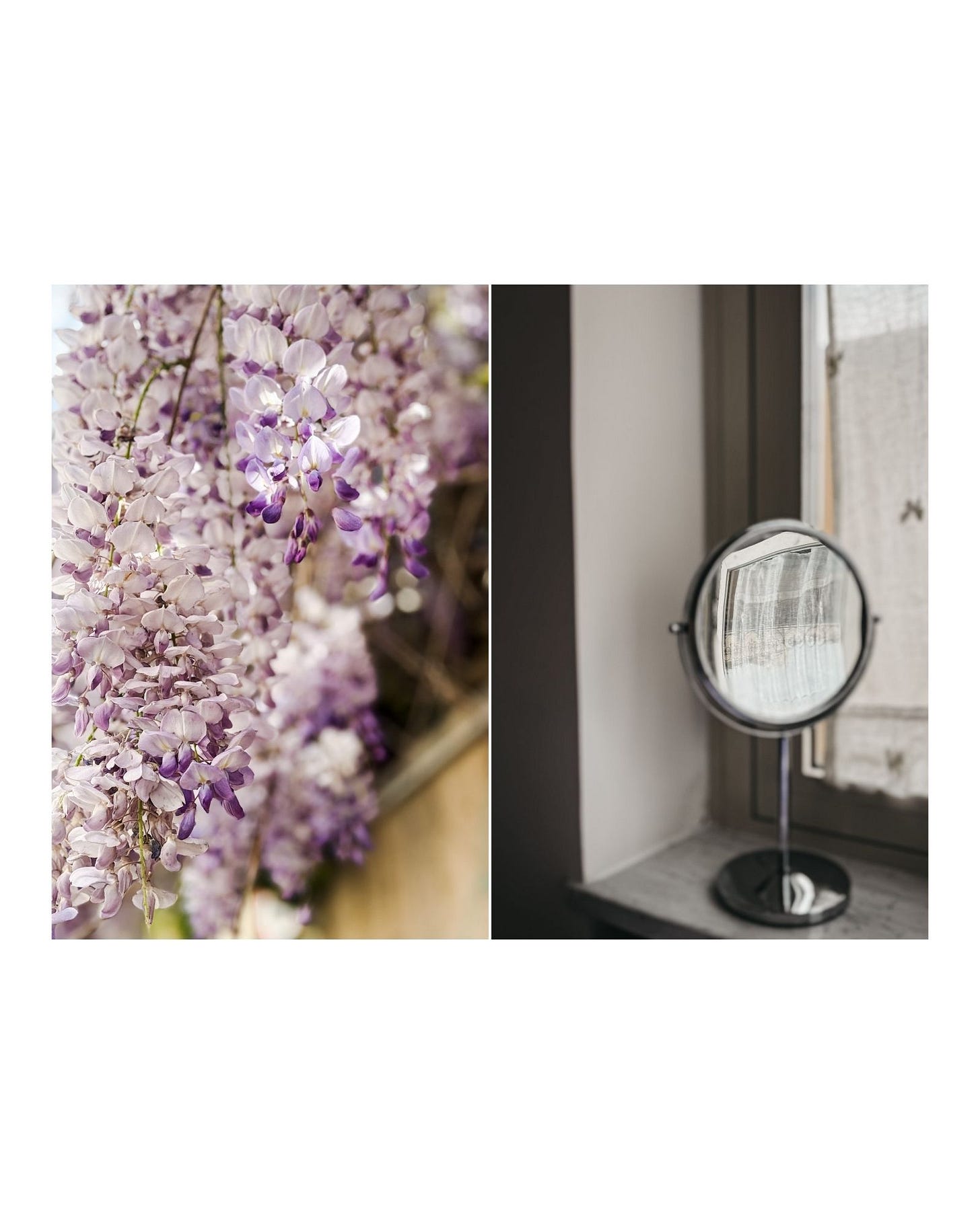 Diptych featuring cascading purple wisteria spilling over a Roman stone balcony alongside a quiet interior scene with a round mirror reflecting light on a windowsill—an interplay of nature and stillness, outside and in.