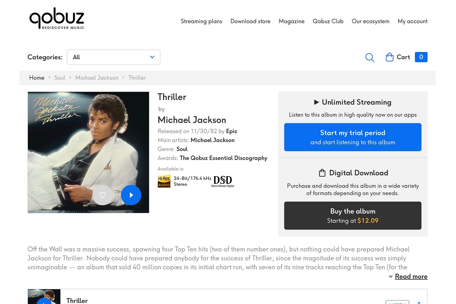 A screenshot of the album purchase page for Michael Jackson's Thriller on Qobuz.com. A screenshot of the album purchase page for Michael Jackson's Thriller on Qobuz.com.