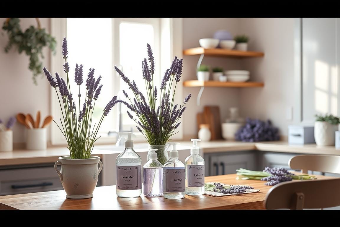 Bouquets of lavender in kitchen setting.