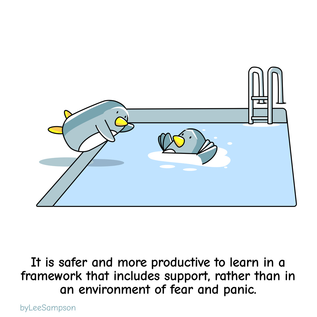 A leadership cartoon about the importance of a safe environment for coaching by Lee Sampson. 