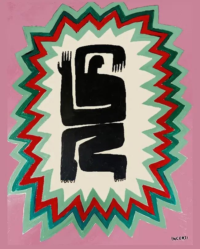 This may contain: an abstract painting with black and red colors on pink paper in the shape of a man's head