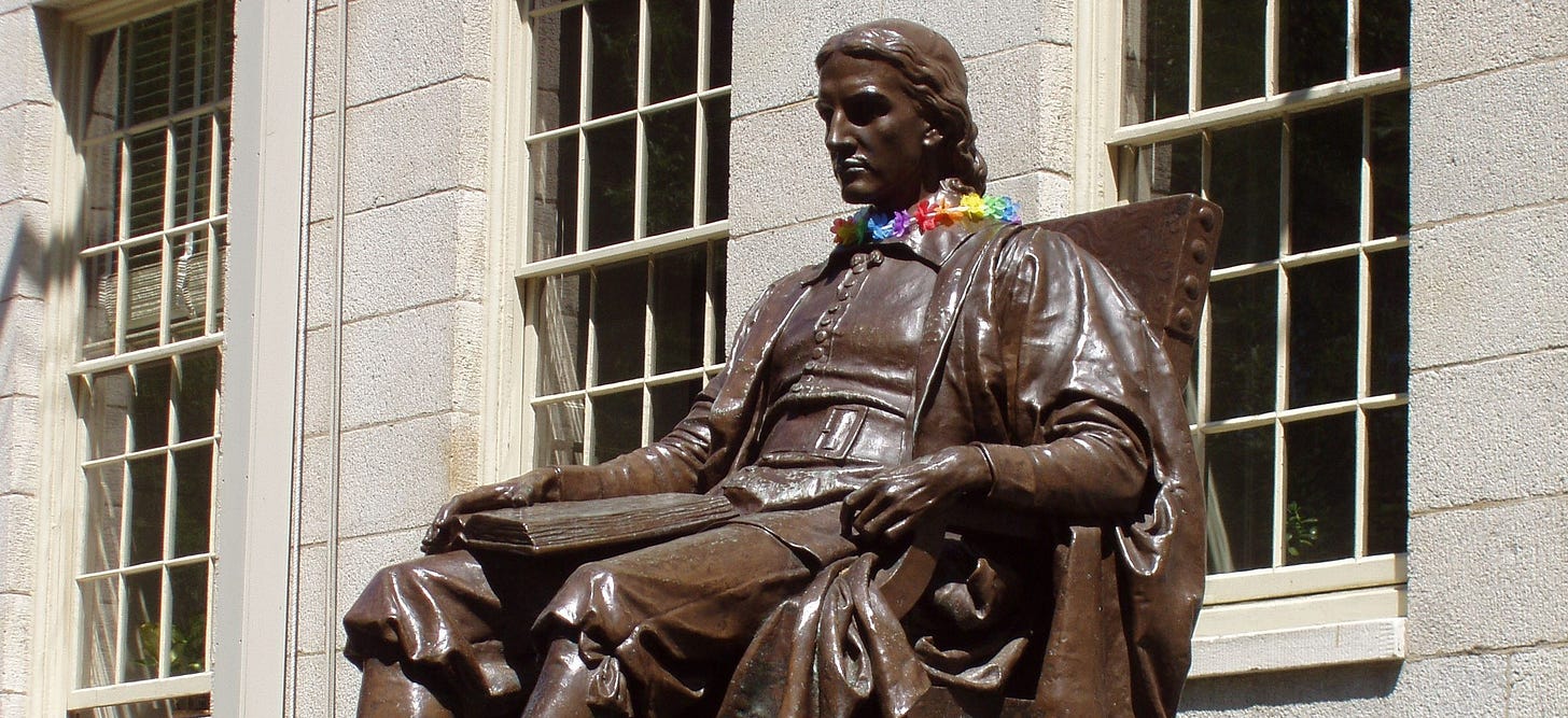 Statue of John Harvard photo by Jessica Williams, CC BY-SA 3.0 <http://creativecommons.org/licenses/by-sa/3.0/>, via Wikimedia Commons