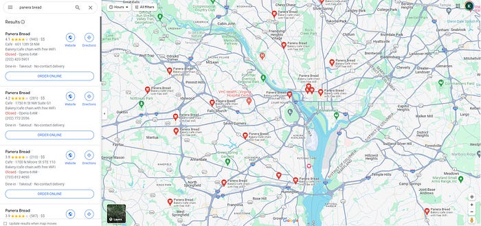 A zoomed out view of “All Panera Bread Locations” when you search for Panera Bread. Red pins are scattered across the map in a number of places.