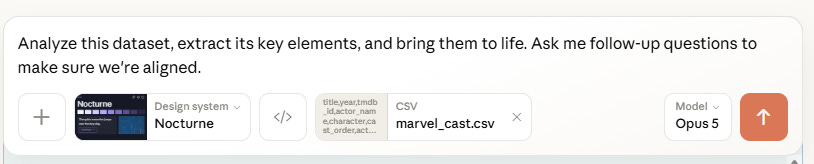 Claude Design prompt asking it to analyze an uploaded Marvel CSV, find key elements, and bring the data to life.