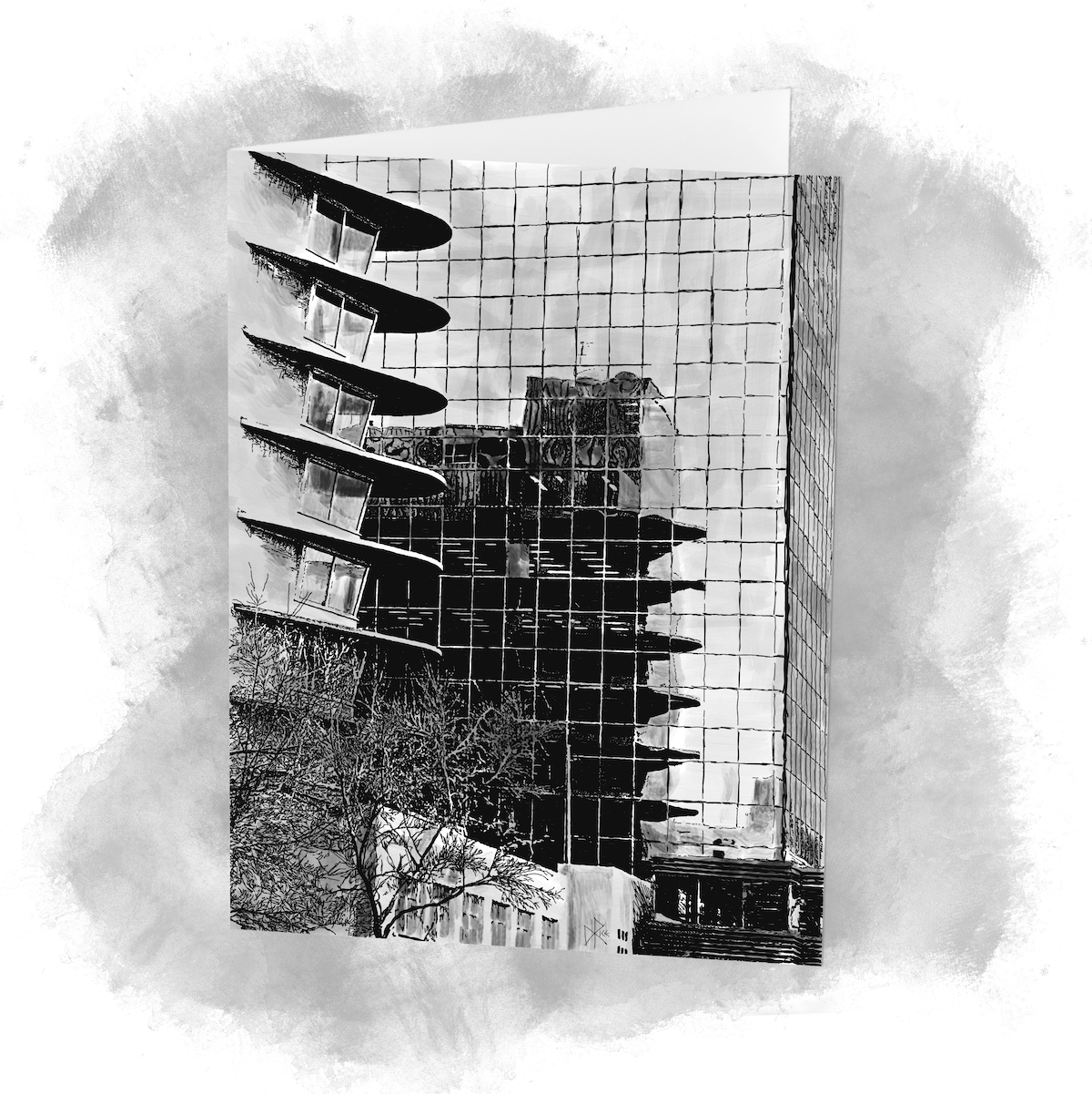 Glass cube architecture reflecting the building opposite. Sketch art by Don Rice. Glass cube architecture reflecting the building opposite. Sketch art by Don Rice.