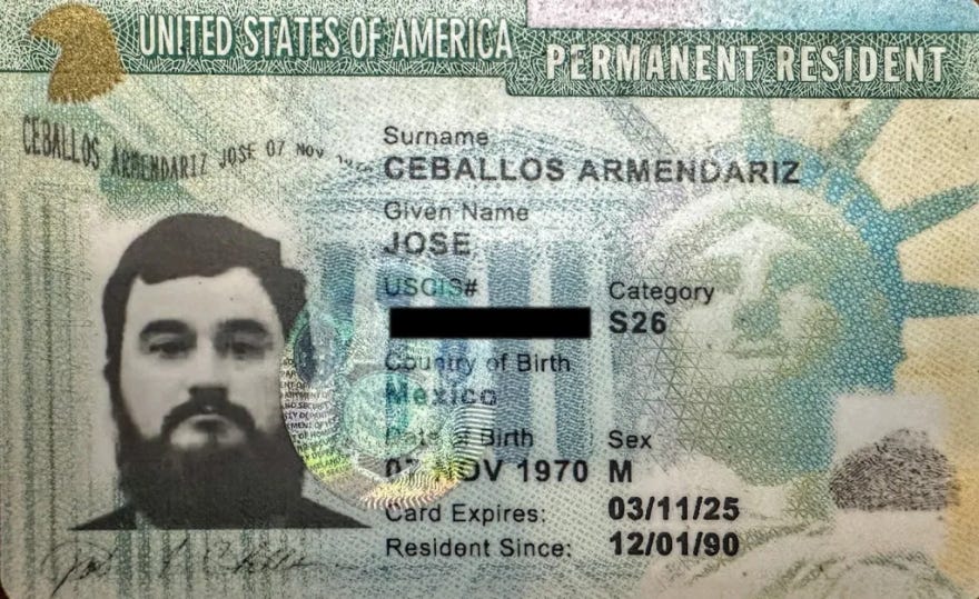 The all capital letters shown on the federally issued green card for Joe Ceballos.