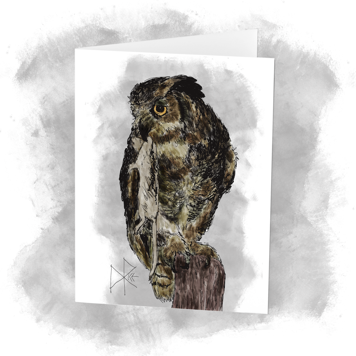 A great horned owl, a.k.a. ‘hoot owl’ or ‘tiger owl’, clings to the top of a fence post while carrying a pretty large rat in its beak. Sketch art by Don Rice. A great horned owl, a.k.a. ‘hoot owl’ or ‘tiger owl’, clings to the top of a fence post while carrying a pretty large rat in its beak. Sketch art by Don Rice.