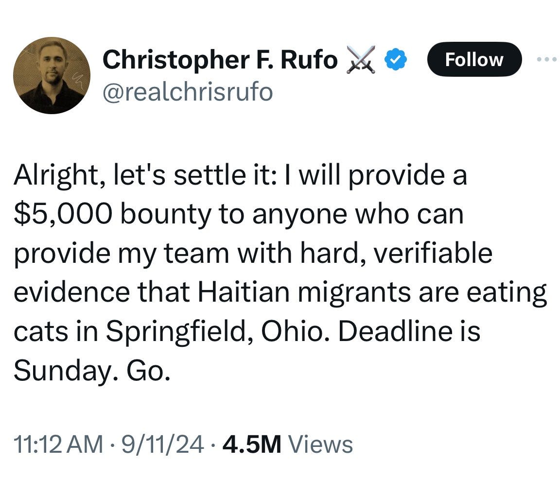 Chris Rufo offering a $5k bounty for video footage of Haitians eating dogs