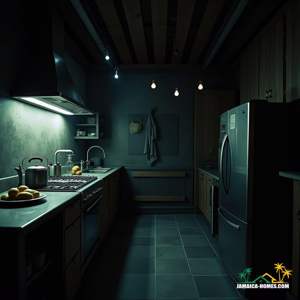 A luxurious modern kitchen in a high-end Jamaican villa, with a central island that doubles as a living display. The sleek countertop features a built-in sink with a futuristic touch faucet, while the entire surface and surrounding cabinetry are interactive, displaying high-resolution moving visuals of a tropical coral reef. The walls and floors have embedded LED panels, displaying animated scenes of the Caribbean sea, swaying palm trees, and sunsets. Soft ambient lighting enhances the immersive experience, making the entire kitchen feel like a living piece of art