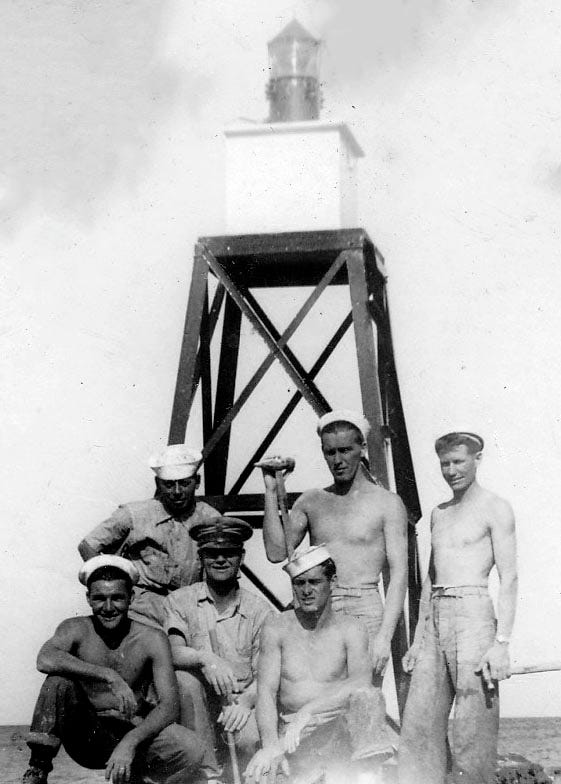 Figure 4: Buddy Carey, James Sharpe Sr., and Tommy Gifford (front row, from left to right), at the Dry Tortugas Light House in 1943. Courtesy of Captain James Sharpe Jr. Figure 4: Buddy Carey, James Sharpe Sr., and Tommy Gifford (front row, from left to right), at the Dry Tortugas Light House in 1943. Courtesy of Captain James Sharpe Jr.