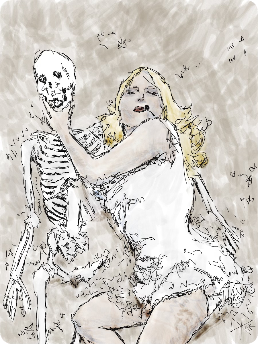 Lady Gaga lying in a large sandbox on the stage, next to a realistic plastic human skeleton as she sings for the audience. Sketch art by Don Rice. Lady Gaga lying in a large sandbox on the stage, next to a realistic plastic human skeleton as she sings for the audience. Sketch art by Don Rice.