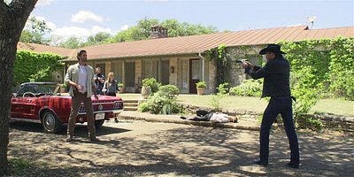 WAlker Clint pulls gun on Cordell. WAlker Clint pulls gun on Cordell.