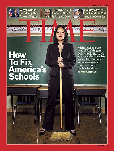 Photo of Michelle Rhee in a classroom. Insets, from left: Brian Kersey - Pool/Getty Images; PhotoXpress/ZUMA Press; James Fisher - 20th Century Fox Photo of Michelle Rhee