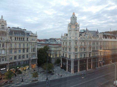Photos of architecture and a selfie of us in Budapest, Hungary