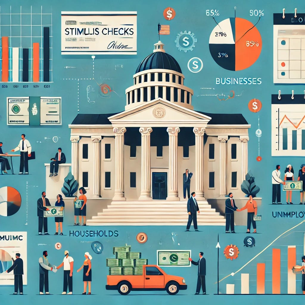An infographic-style image illustrating the distribution and impact of stimulus checks in the United States. The image includes:

- A government building representing federal financial assistance.
- A diverse group of people receiving checks, symbolizing economic relief.
- A bar graph and pie chart showing how funds were allocated (e.g., households, businesses, unemployment benefits).
- A visual representation of economic impact, such as increased spending in local businesses.
- A calendar or timeline indicating different rounds of stimulus payments.

The style is clean, modern, and visually engaging, using icons and illustrations to represent financial data.