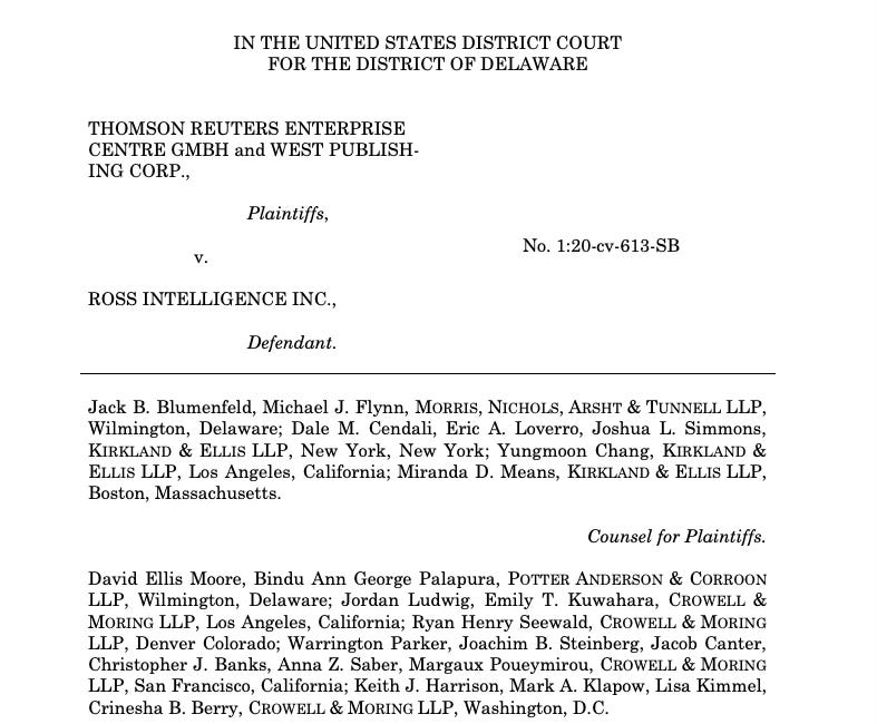 Thomson Reuters v. Ross Intelligence: The case does not directly apply to generative AI, but the court’s reasoning on fair use could shape future AI copyright disputes.