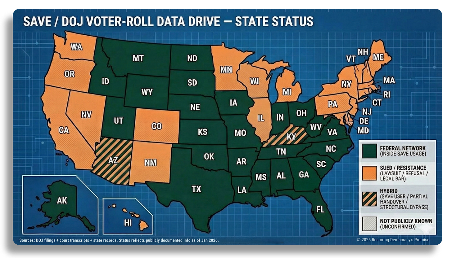 A detailed U.S. map illustrating the SAVE/DOJ voter-roll data drive by state as of January 2026. Dark green states are participating in the federal SAVE data-sharing network. Orange states represent resistance, including formal refusal, litigation, or statutory barriers—most notably Illinois and Wisconsin. Diagonally striped states indicate hybrid participation or partial handover through structural or vendor-based workarounds. Gray denotes states where public confirmation is unavailable. The map is sourced from DOJ filings, court records, and official state documentation.