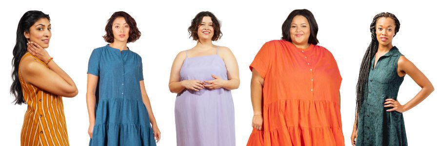 Five women wearing summer sewing patterns from Grainline Studio including Myra slip dress, Poppy tiered dress, and Alder shirtdress during Summer PDF sale