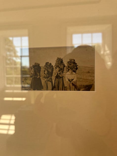 1. Peat-cutting women with baskets on their backs, Isle of Lewis (date unknown); 2. Crunch Willoughby -- Peat Stack / stoneware peat bricks stacked up; 3. Photo 'Light Divine Sky II' by Antanas Budvytis from Sekai Machache's film 'Profound Divine Sky'.