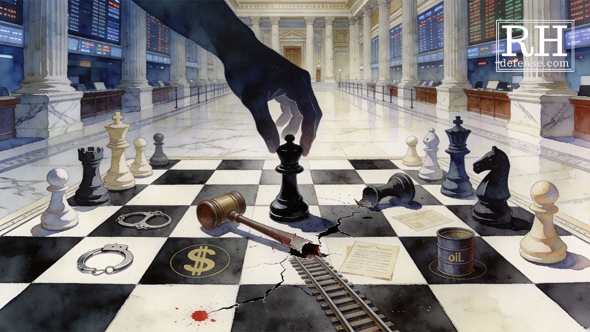 Watercolor illustration of a marble hall resembling a courthouse and stock exchange combined, with a cracked chessboard floor. A dark, oversized hand moves a black chess piece while a judge’s gavel, handcuffs, an oil barrel, money symbols, and rail tracks lie embedded in the board, suggesting law, markets, and power under manipulation.