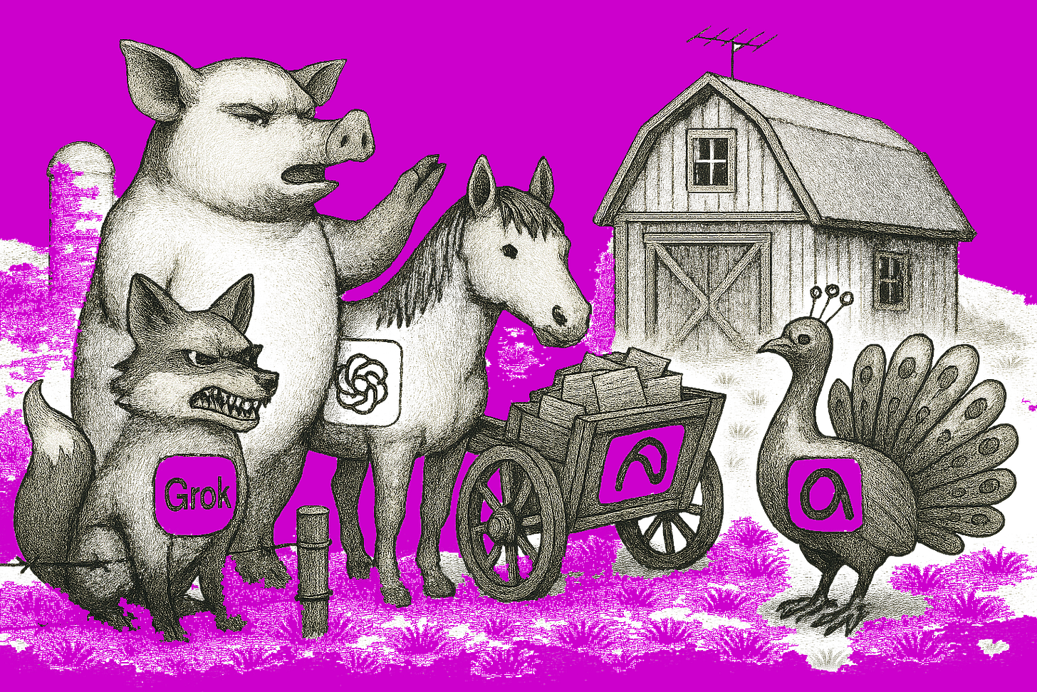 Farm animals look angry with icons of AI tools. Homage to George Orwell's Animal Farm. Co-create with Dall-E AI